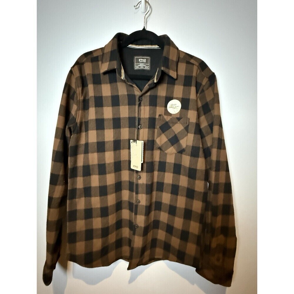 Nomad Cozy Thermal Lined Flannel Mens Medium Brown Black Shirt Shacket Button Up